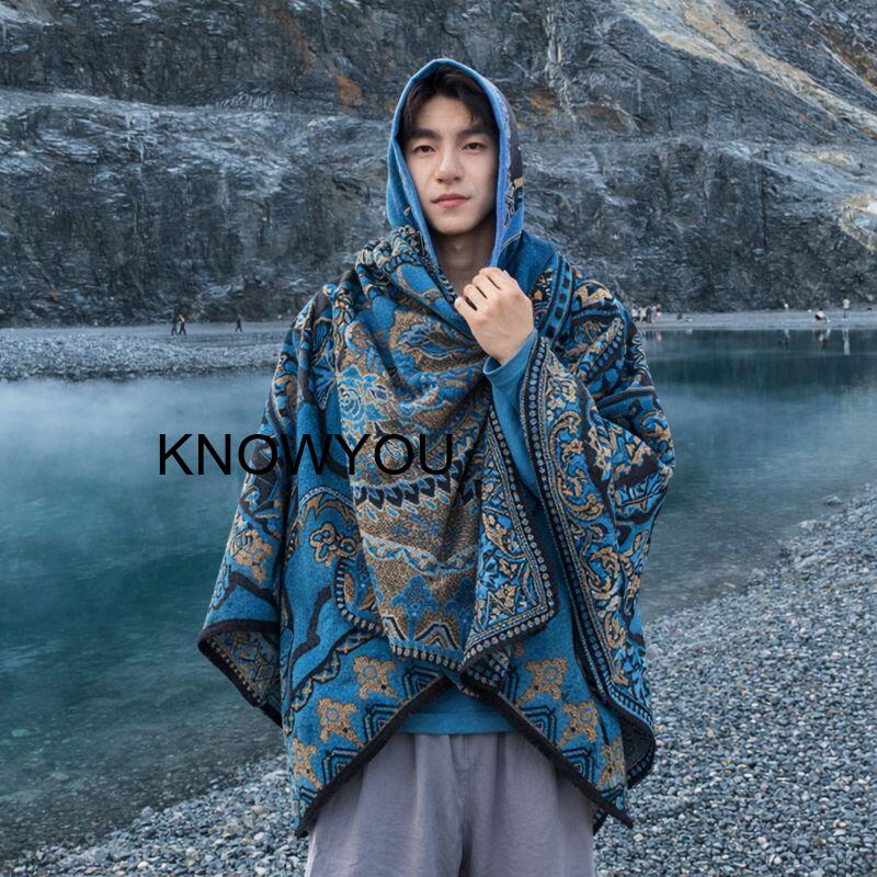 Mens Fashion Poncho - Herren Dicker Outdoor-Reise-Umhang mit Kapuze Warme