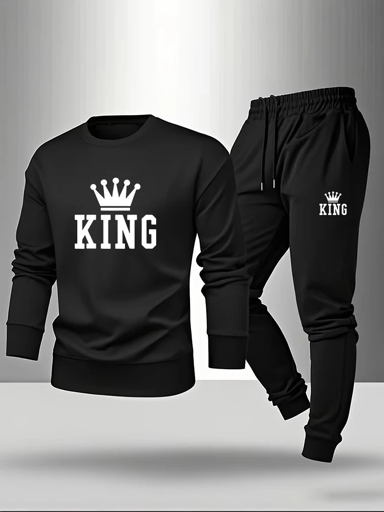 Men Fashion King - King Pringt Herren Langarm-T-Shirt & Jogginghose